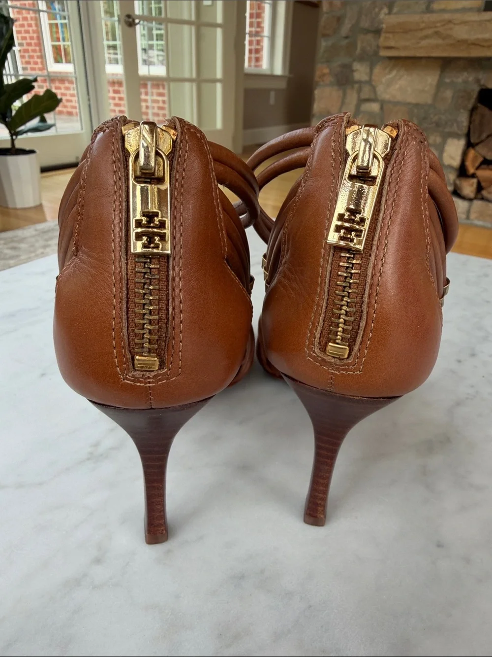 Tory Burch Braided Cognac Leather Strappy High-Heel Sandals